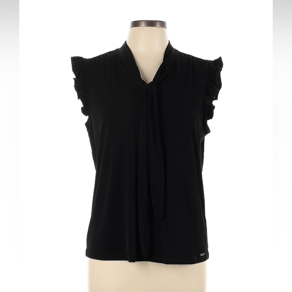 Calvin Klein black tie ruffle short sleeves blouse with gold logo accent size L